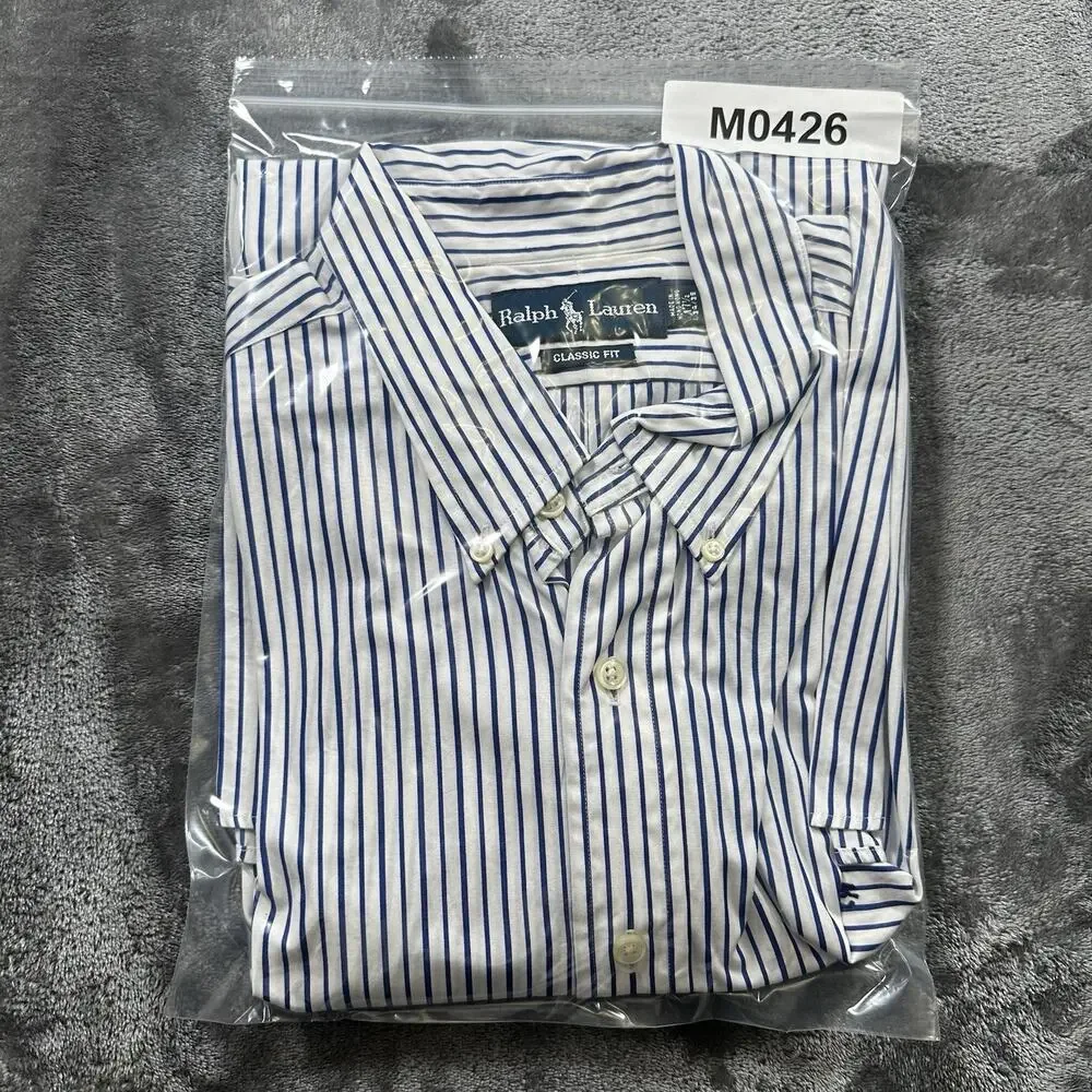 Polo Ralph Lauren Shirt Men’s 17.5” 34/35‎ White/Blue Classic Fit Striped Preppy